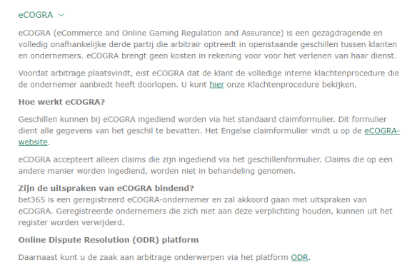 Het accreditatiecertificaat dat testbureau eCOGRA heeft toegekend aan bet365