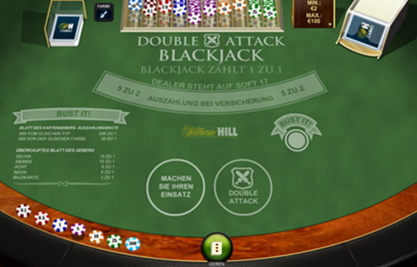 Een spel double attack blackjack waarbij de speler wacht tot hij zijn kaarten toegedeeld krijgt en dient te bepalen hoeveel hij gaat inzetten tijdens de volgende speelronde.