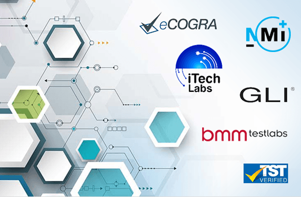 De eCOGRA, NMi, iTechLabs, BMM Testlabs, GLI en TST logo's.