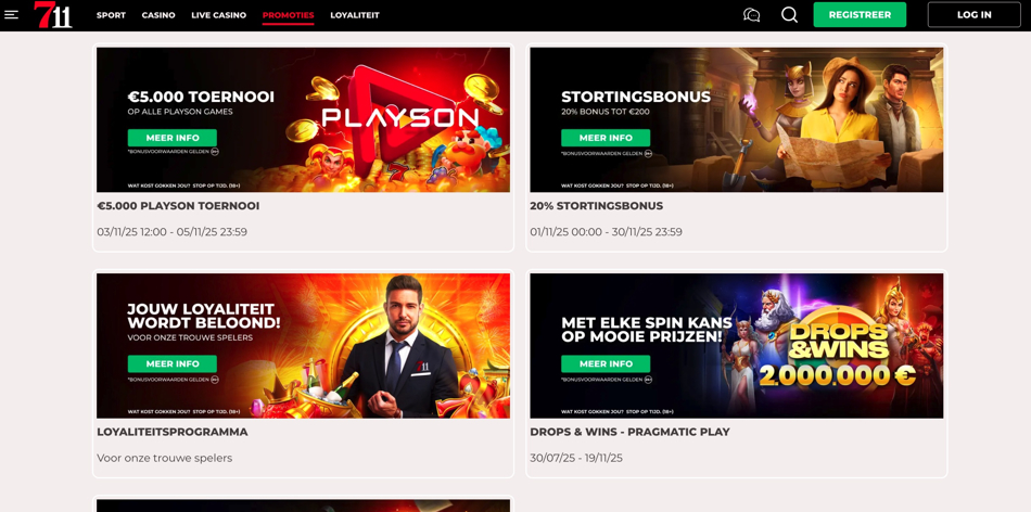 De welkomstbonus van 711 Casino op de website.