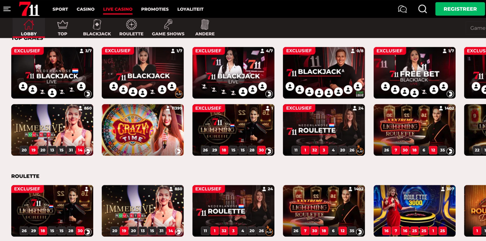 De lobby van het live casino bij 711 met diverse spellen zoals roulette en blackjack.