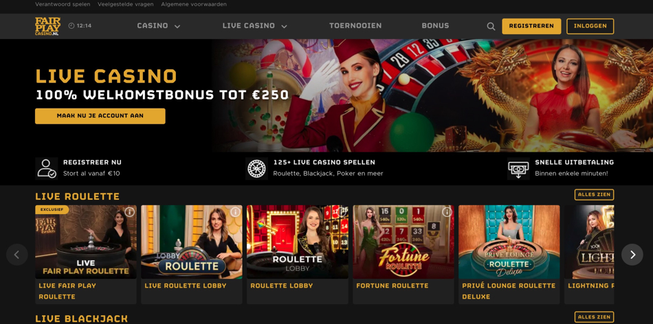 Een live blackjacktafel in de strakke en moderne interface van Fair Play's online casino.