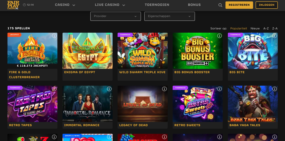 Populaire online gokkasten zoals Starburst in de goed georganiseerde lobby van Fair Play Casino.