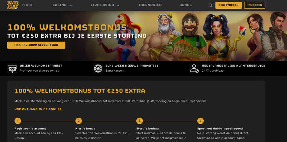 De welkomstbonus voor nieuwe spelers bij Fair Play Online Casino.