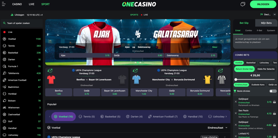 Het sportsbook van OneCasino waar ingezet kan worden op voetbalwedstrijden.