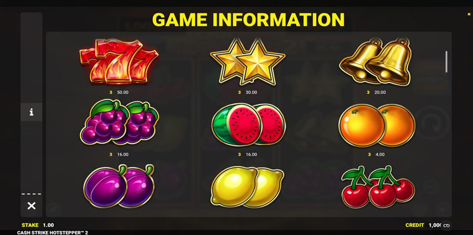 Screenshot van de uitbetalingstabel van Cash Strike Hotstepper 2