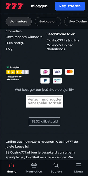 De vergunningsdetails van Casino777