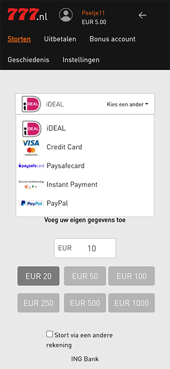 De kassa van casino777 met betaalopties zoals ideal