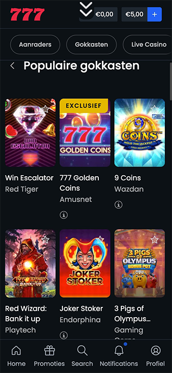 Overzicht van populaire online slots in de lobby van casino777