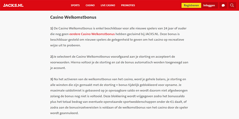 Jack's Casino - Bonus voorwaarden pagina
