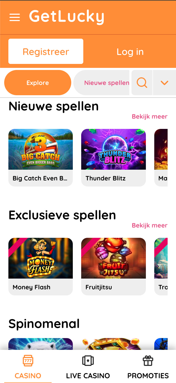 Spelaanbod van GetLucky casino op mobiel