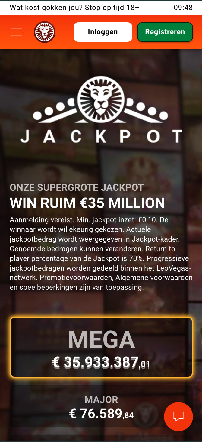 Grote progressieve jackpot van LeoVegas op een mobiel scherm