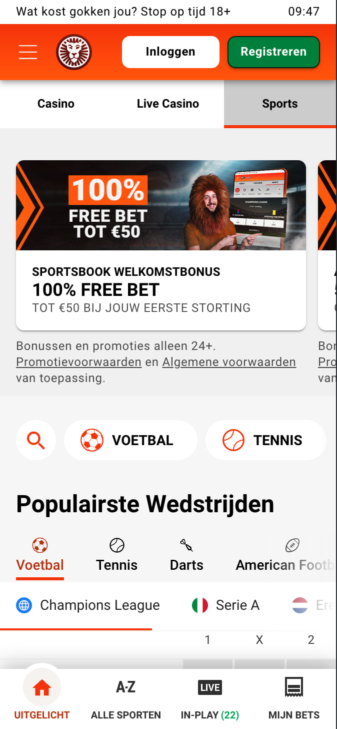 Mobiele interface van LeoVegas met sportweddenschappen en casinonavigatie