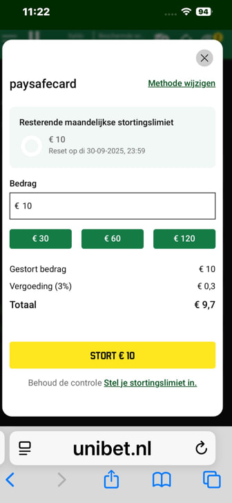 Transactiekosten van PaysafeCard bij Unibet