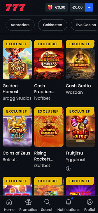 Het mobiele speloverzicht van Casino777