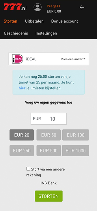 De stortingspagina van Casino777