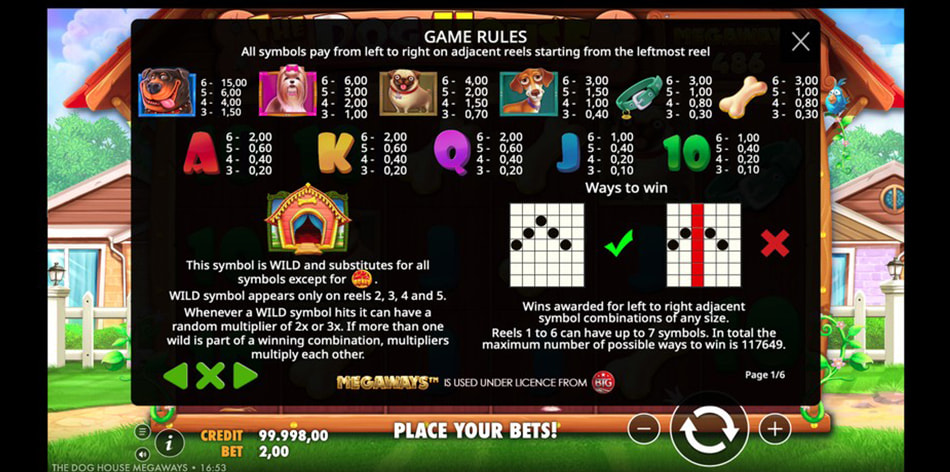 Screenshot van de uitbetalingstabel van The Dog House Megaways