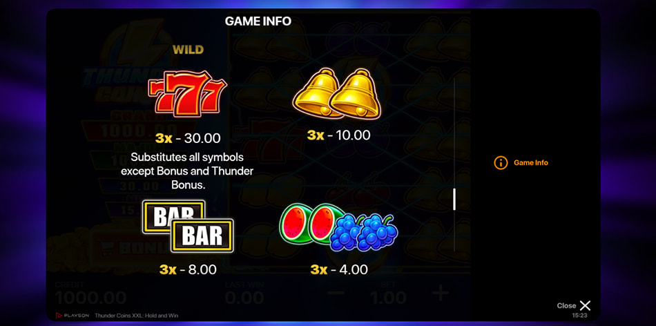 Screenshot van de uitbetalingstabel van Thunder Coins Hold and Win