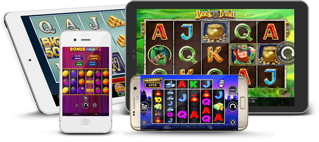 Een smartphone en tablet met een selectie van gokkasten spellen