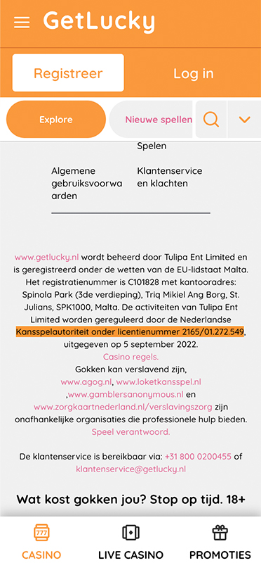 De footer info van GetLucky