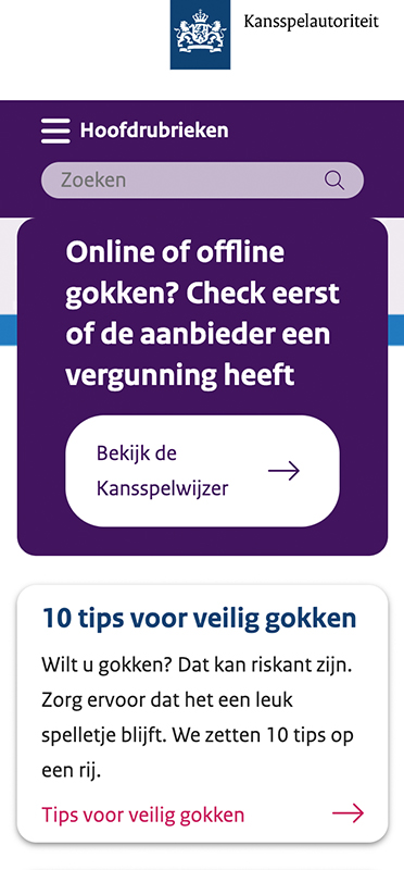 De homepagina van de Kansspelautoriteit