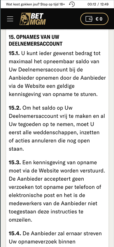 Opnamevoorwaarden bij BetMGM