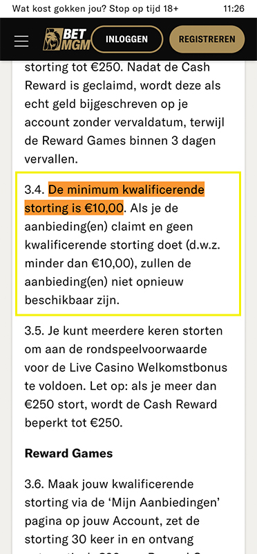 Minimum vereiste storting bij BetMGM