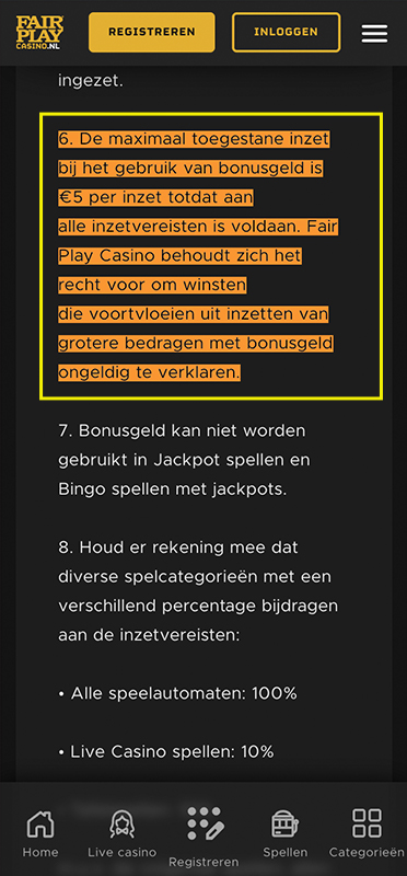 De balans beperkingen op een bonus bij Fair Play Casino