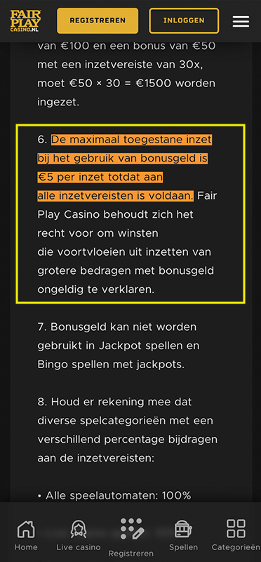 De maximale inzetlimiet voor een bonus bij Fair Play Casino
