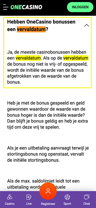 De geldigheid van de bonus bij One Casino