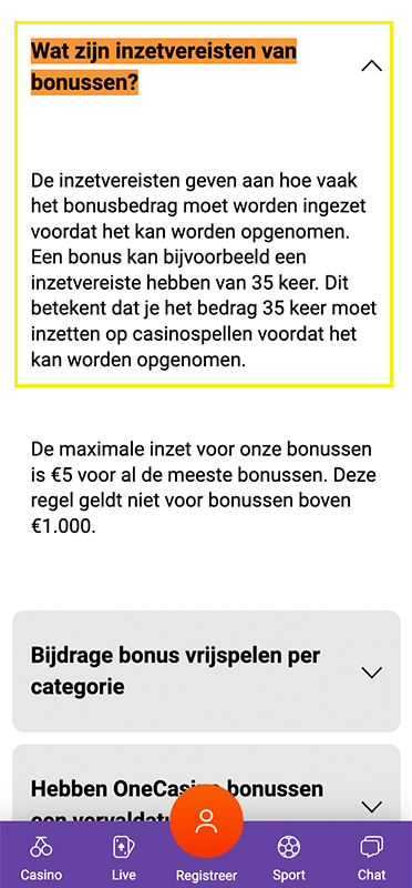 De inzetvereisten in de bonusvoorwaarden van One Casino