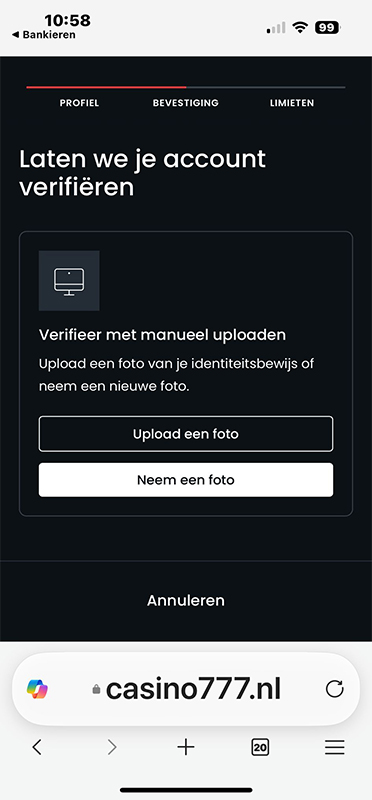 De account verificatie sectie bij Casino777
