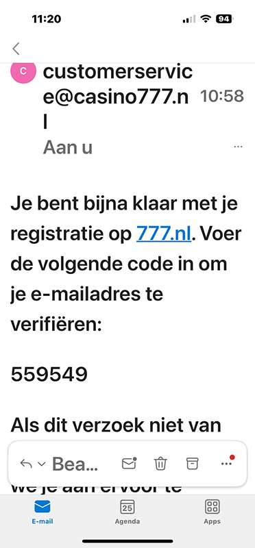 De laatste bevestigingscode bij Casino777 voor registratie