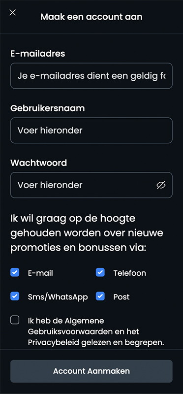 Het accountgegevens formulier van Casino777