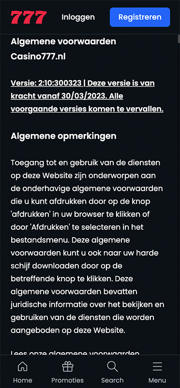 Algemene voorwaarden bij Casino777