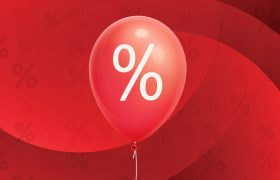 Rode ballon met daarop een wit procentteken.