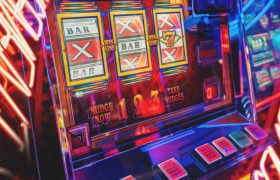 Close-up van een gokautomaat, omgeven door neonverlichting en ontzettend veel kleuren.