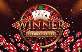 Rood-zwarte afbeelding van casino elementen, plus de tekst “winner congratulations”