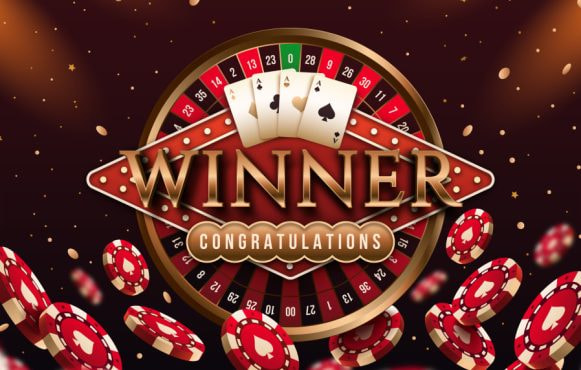 Rood-zwarte afbeelding van casino elementen, plus de tekst “winner congratulations”