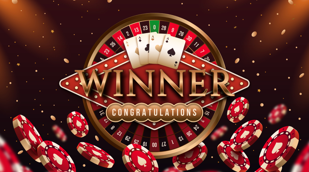 Rood-zwarte afbeelding van casino elementen, plus de tekst “winner congratulations”