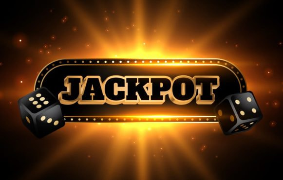 Tekst “jackpot” met eromheen gouden effecten en zwarte dobbelstenen