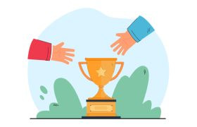 Illustratie van een gouden beker met een ster en twee handen