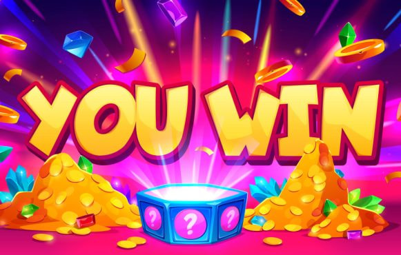 Kleurrijke illustratie met geld, diamanten en de tekst “you win”