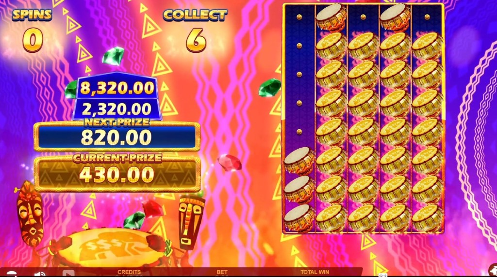 Screenshot van de bonus game van 12 Masks of Fire Drum Frenzy