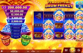 Screenshot van de nieuwe 12 Masks of Fire Drum Frenzy Slot van Gameburger