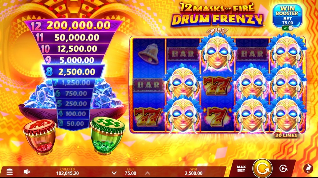 Screenshot van de nieuwe 12 Masks of Fire Drum Frenzy Slot van Gameburger