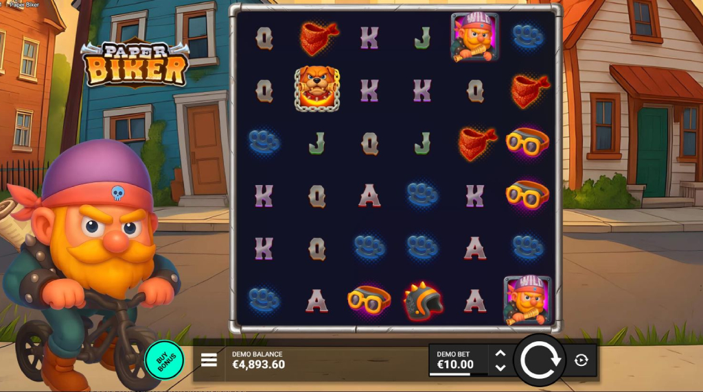 Screenshot van de nieuwe Paper Biker Slot van Bullshark Games