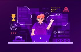 Illustratie van een spelontwikkelaar die aan het werk is