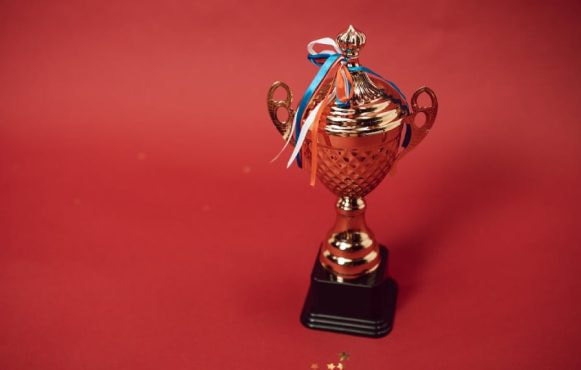 Bronzen beker met strik (Nederlandse vlag) op een rode achtergrond