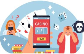 Grafische afbeelding van mensen die problemen ervaren en casino symbolen